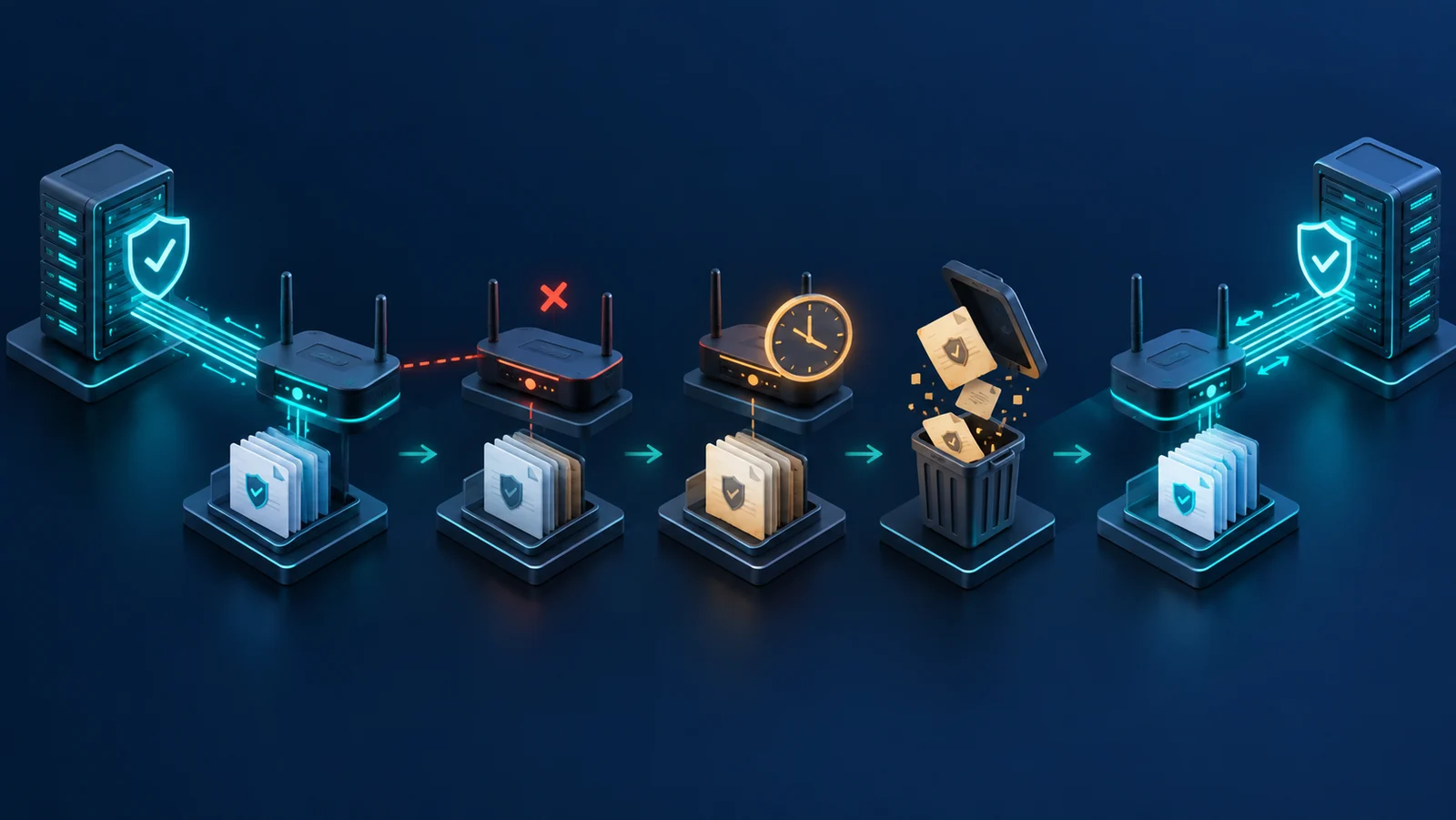 Minh họa: Mất cache, dữ liệu cũ hết hạn và đồng bộ lại; trạng thái route còn phụ thuộc các VRP hợp lệ khác và policy.