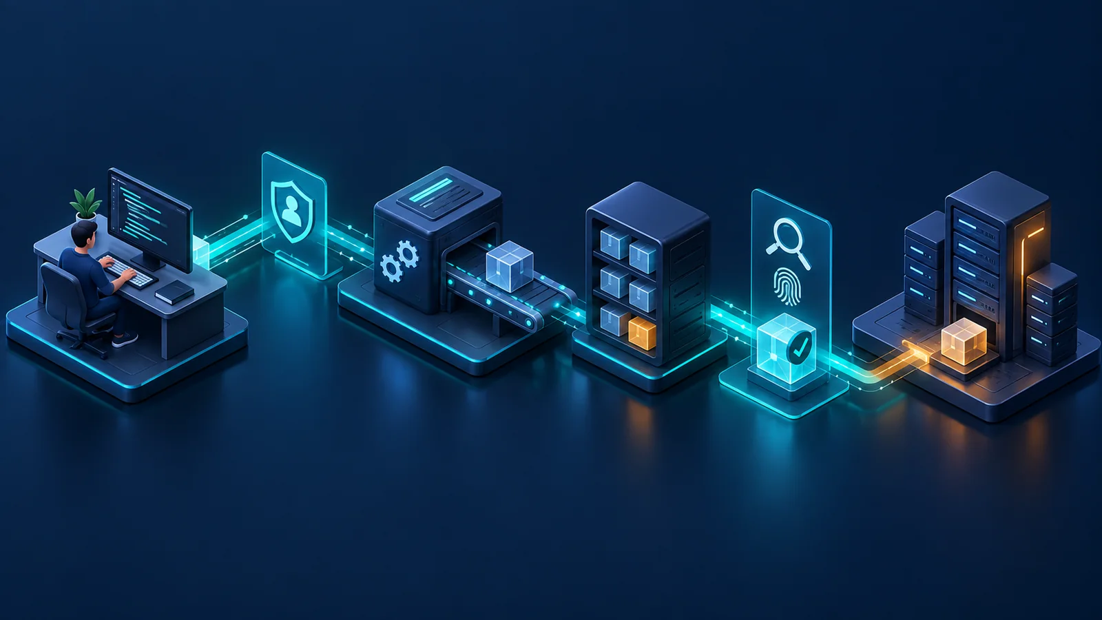 Minh họa: Luồng developer/CI, kho artifact và triển khai với các điểm kiểm quyền và tính toàn vẹn; không mô tả sự cố cụ thể.