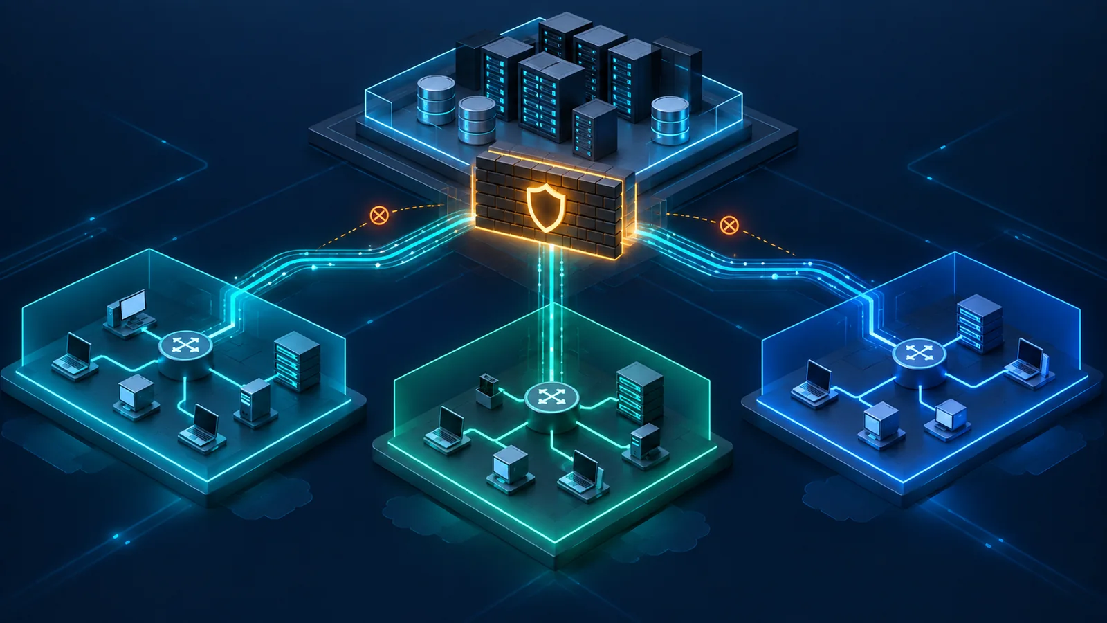 Ba VRF tenant và shared services trao đổi route có kiểm soát qua policy và firewall