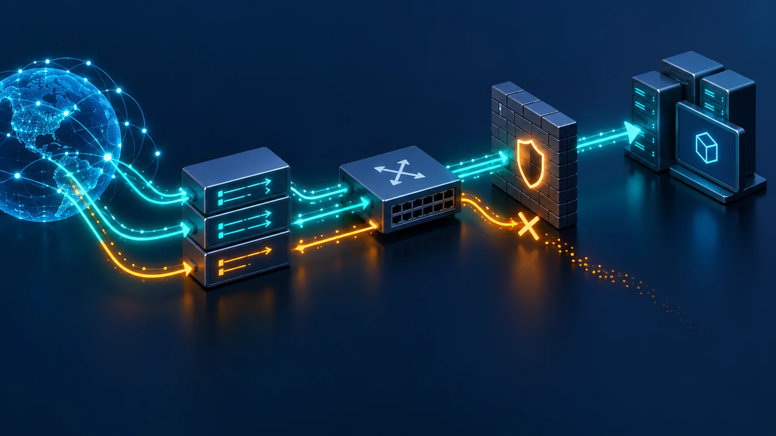 Minh họa: Chuỗi bằng chứng từ định tuyến, forwarding tới firewall và phản hồi ứng dụng; không phải kết quả đo thực tế.