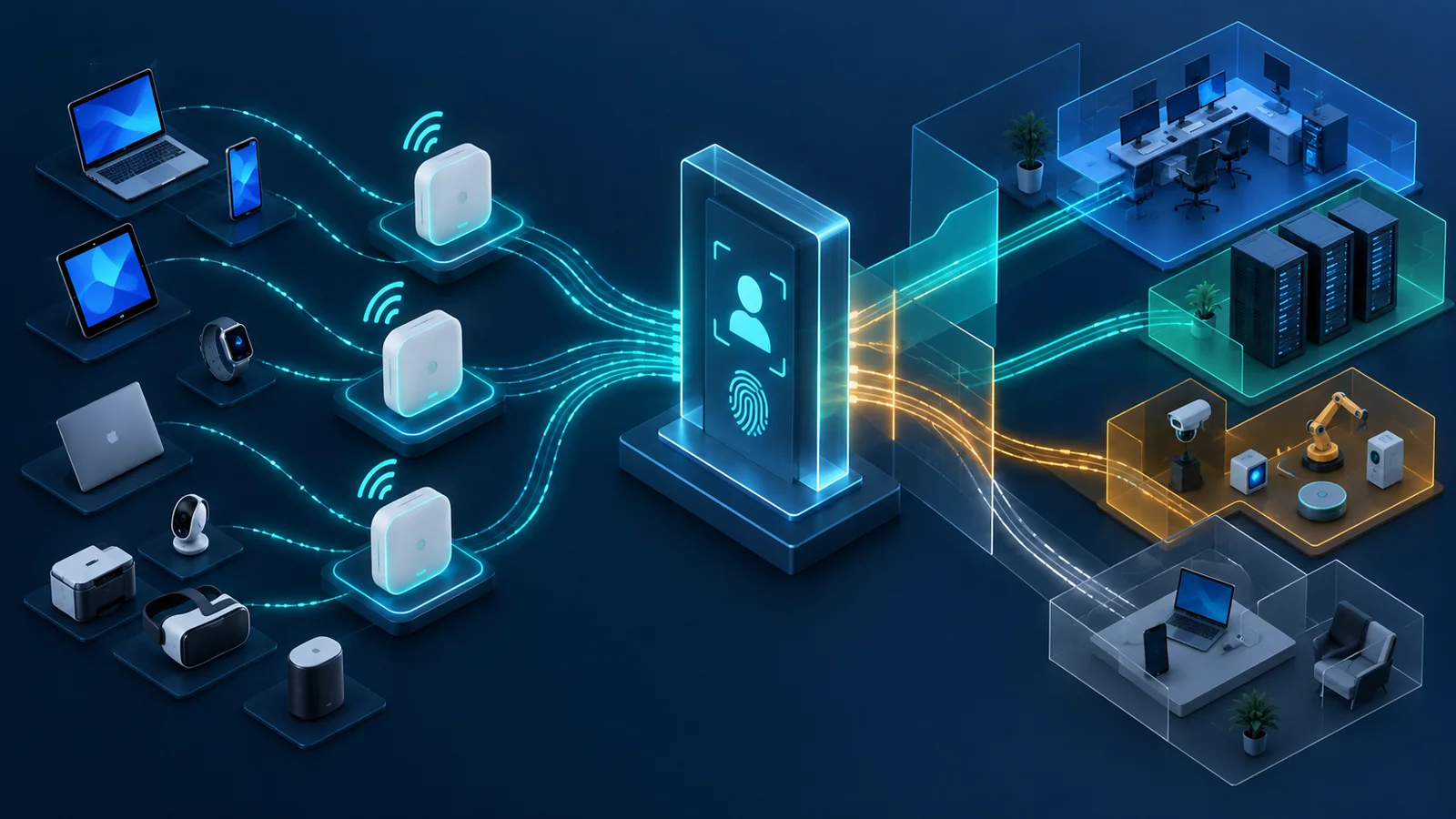 Client Wi-Fi 7 qua access point tới identity policy, segmentation và telemetry platform