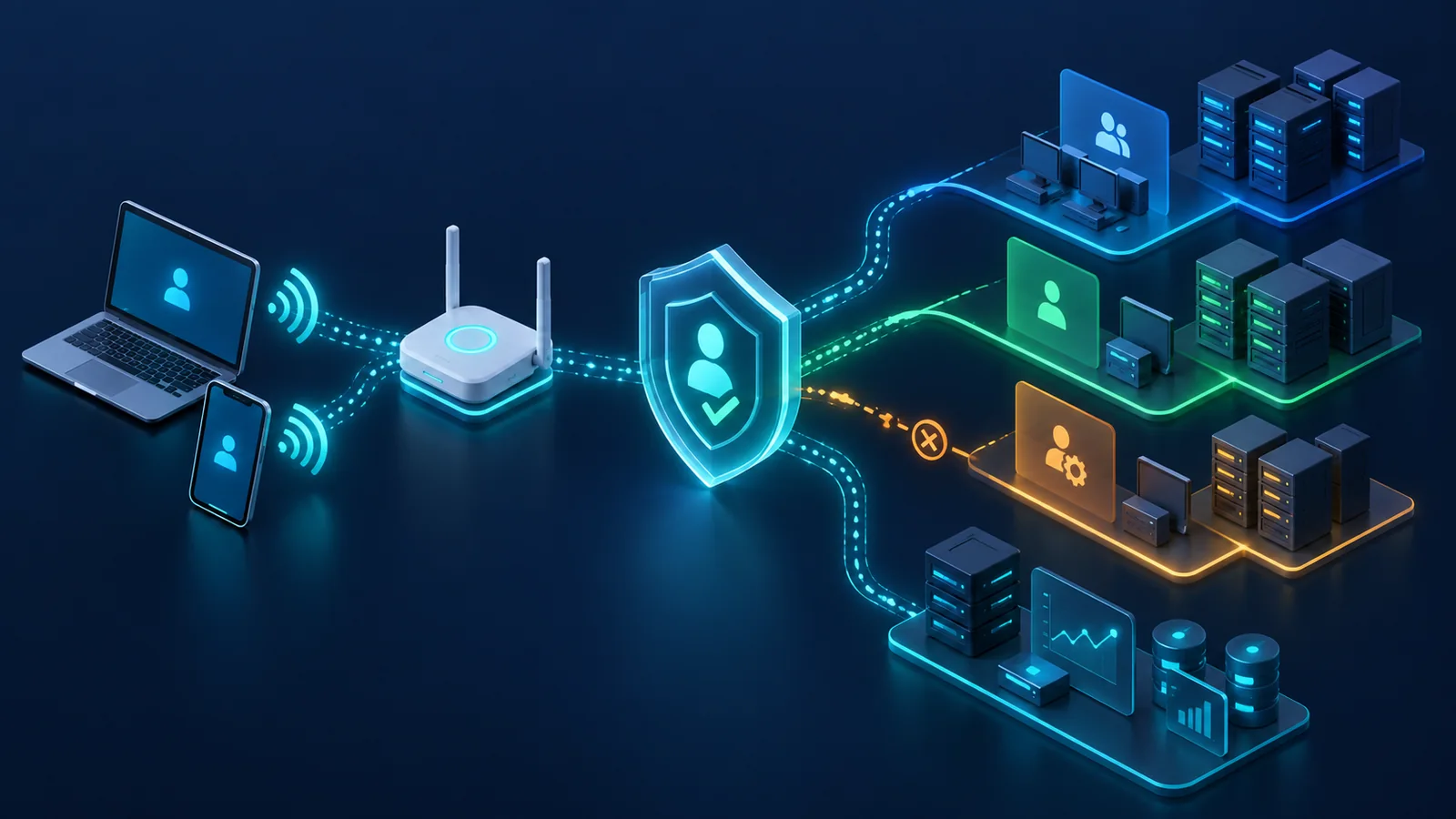 Minh họa: Kết nối WLAN, quyết định identity, phân đoạn và ứng dụng cần được kiểm chứng riêng; hình không đại diện cấu hình Cisco chính thức.