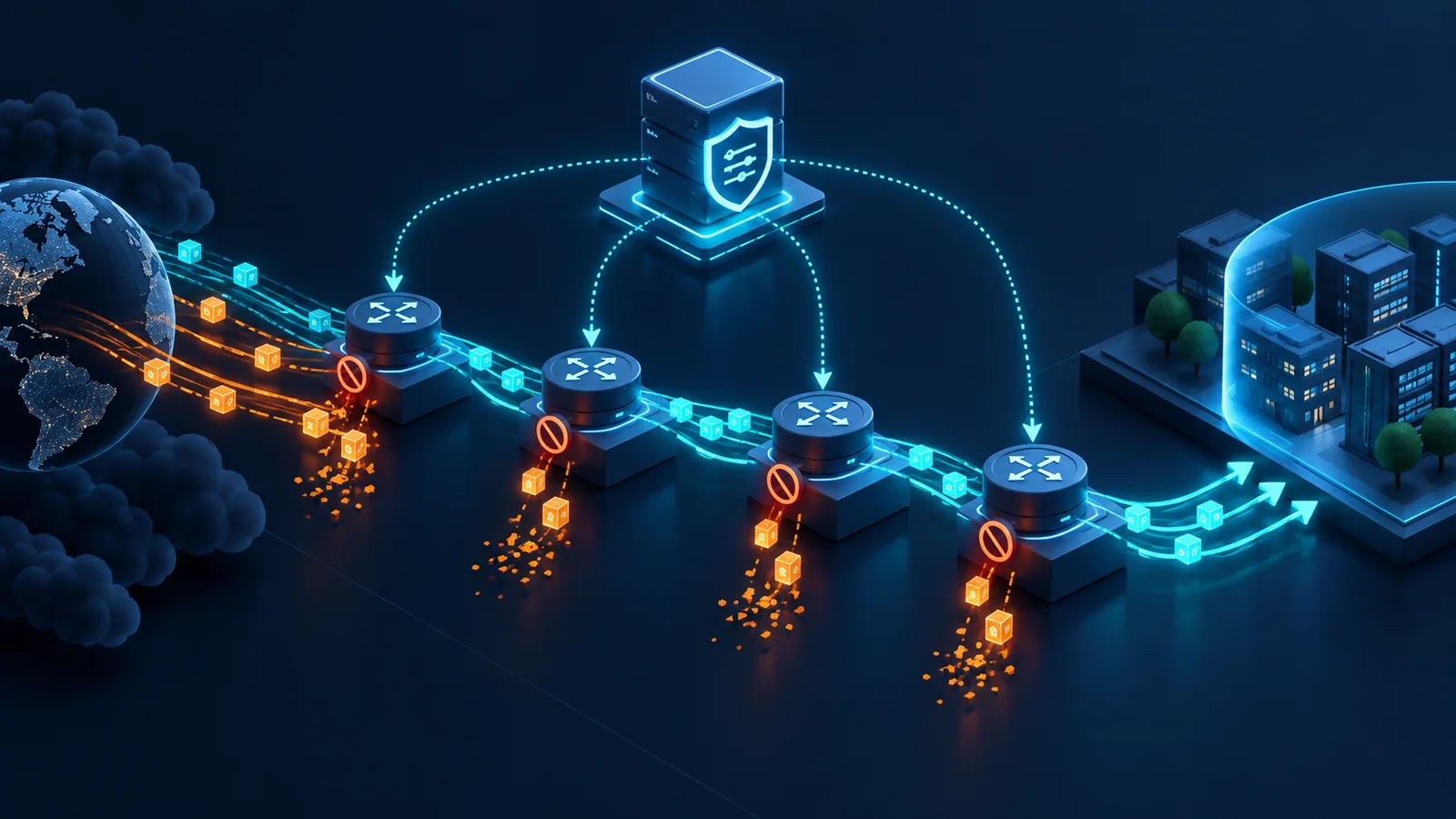 FlowSpec controller quảng bá rule qua route reflector tới router biên và traffic generator