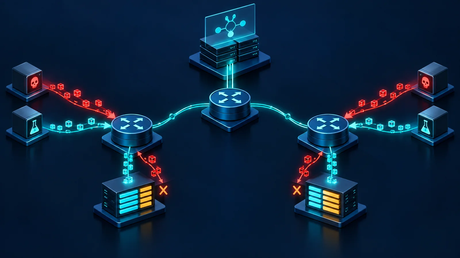 Minh họa: Controller, route reflector và edge router với trạng thái rule ở phần cứng; BGP nhận rule chưa chứng minh đã enforce.