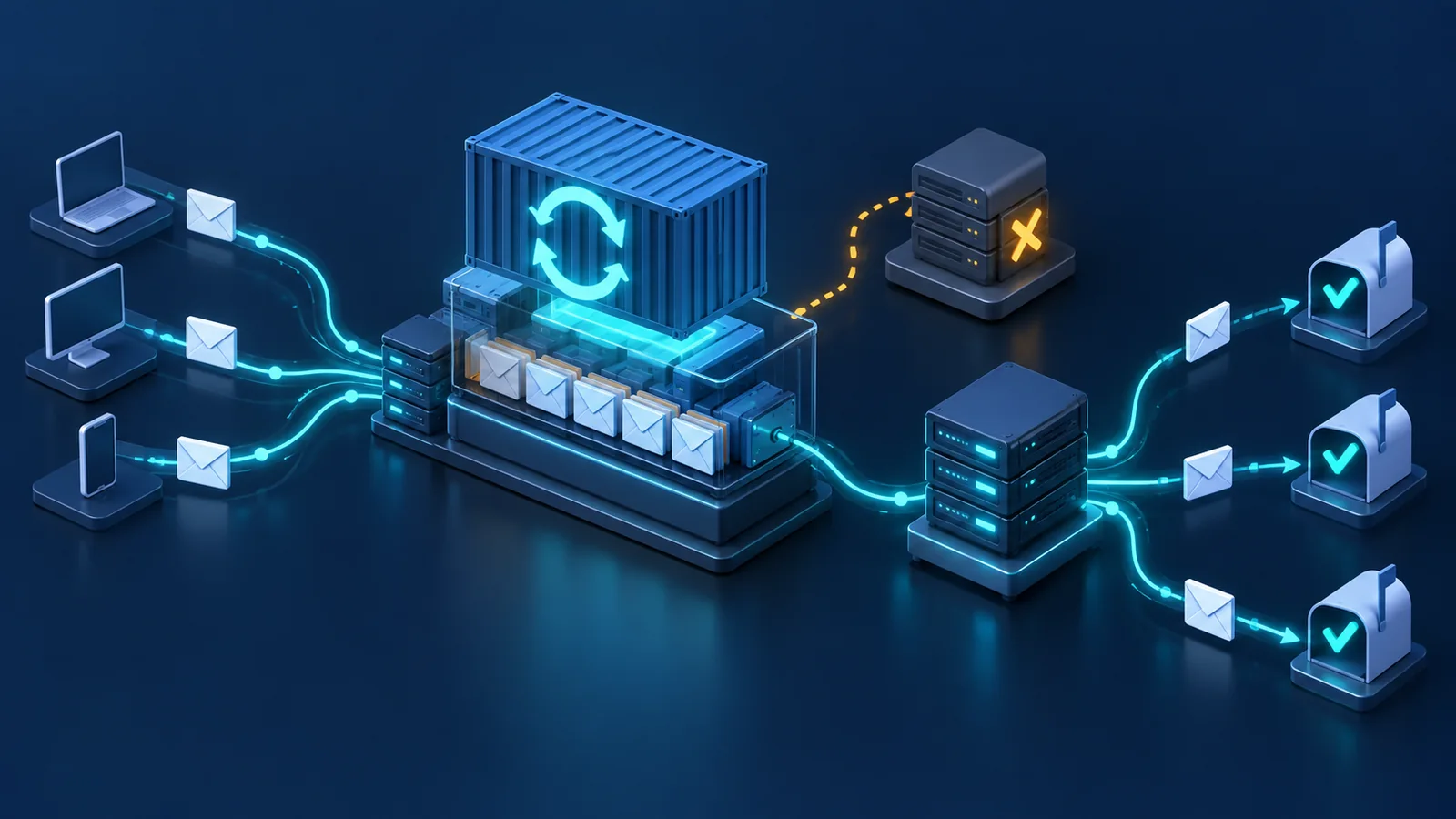 Minh họa: Giữ queue và đối chiếu delivery qua restart/failover; không phải số liệu migration hay cam kết không mất thư.