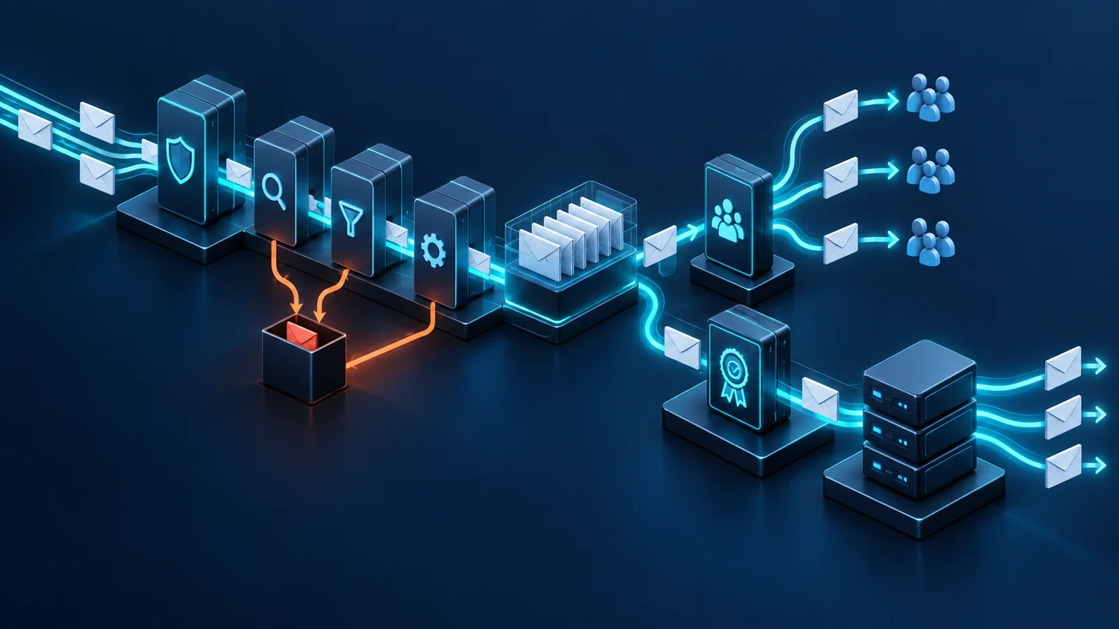 Minh họa: Các khối lọc thư, queue, ký thư và relay minh họa các điểm kiểm chứng; không mô tả thứ tự triển khai cố định của IETF.