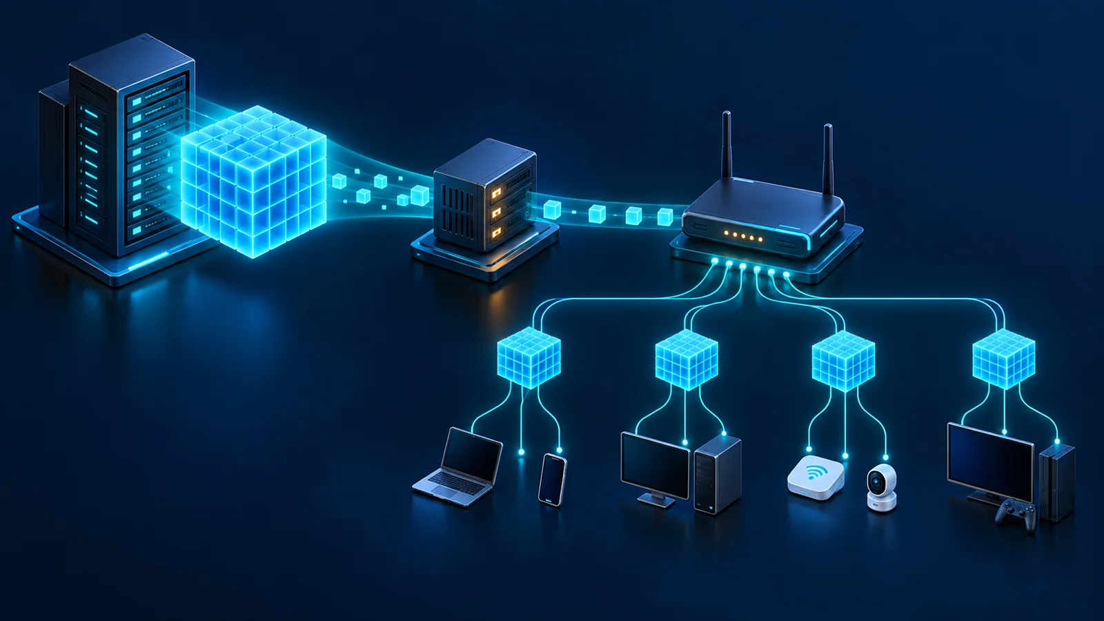 Minh họa: Server, relay và CPE chia prefix được ủy quyền xuống nhiều LAN; kích thước và subnet mapping tùy chính sách triển khai.