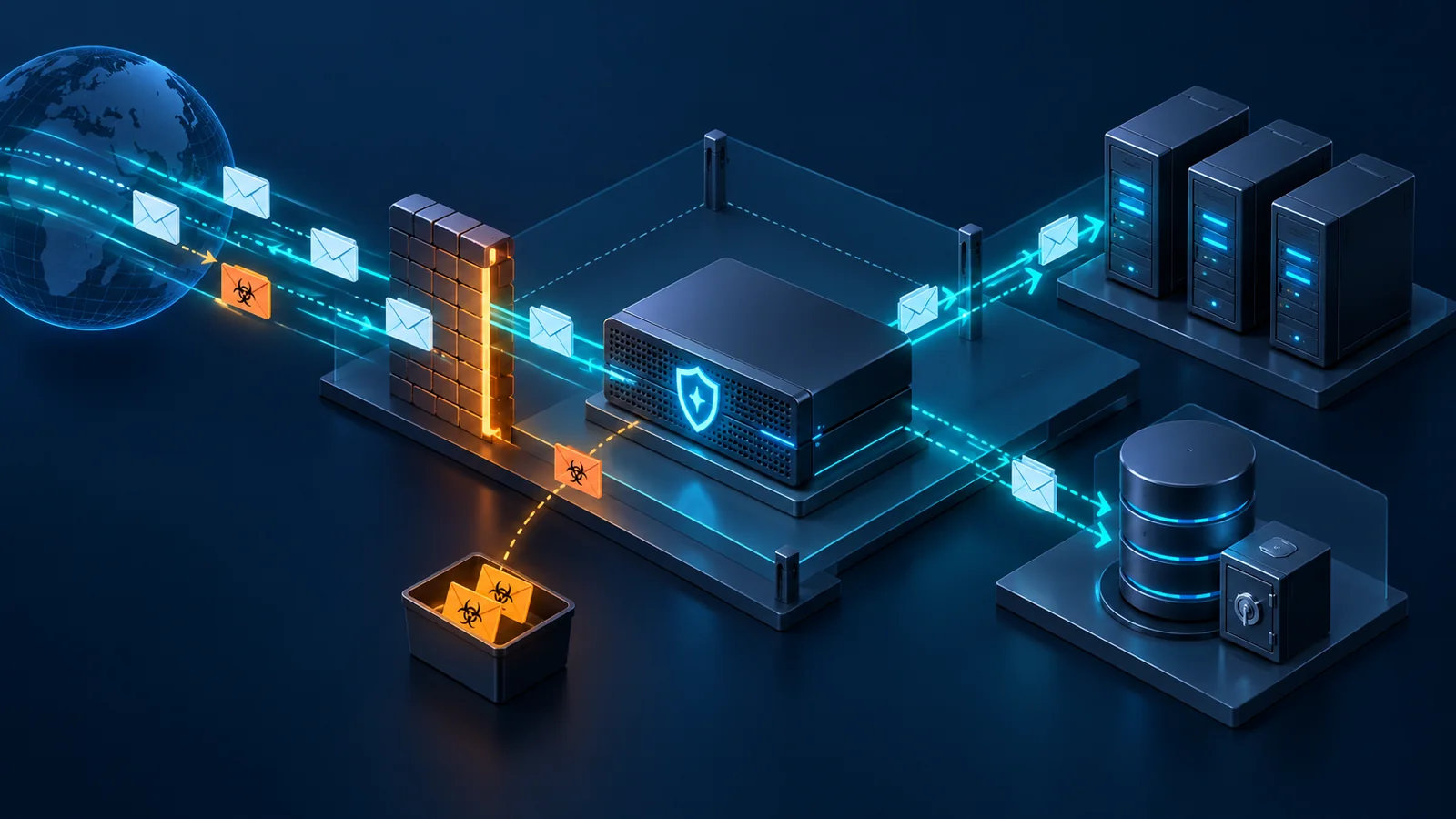 Minh họa gateway bảo mật thư điện tử trong DMZ cùng hệ thống lưu bằng chứng độc lập.