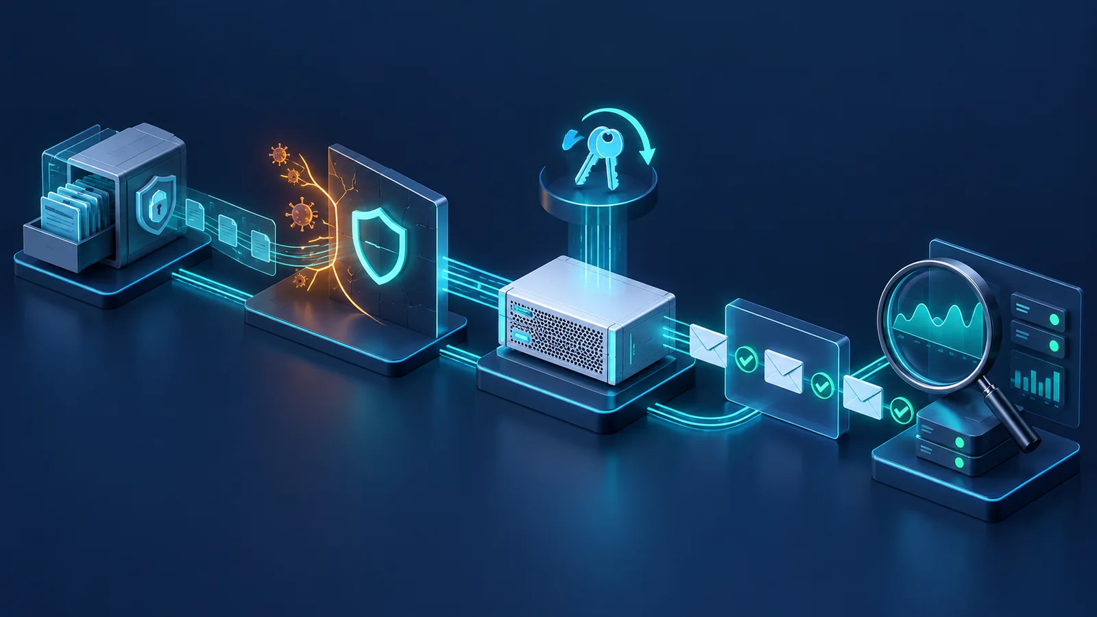 Minh họa bảo toàn bằng chứng, cô lập, dựng lại gateway, thay khóa và kiểm thử luồng thư; áp dụng theo phạm vi điều tra.