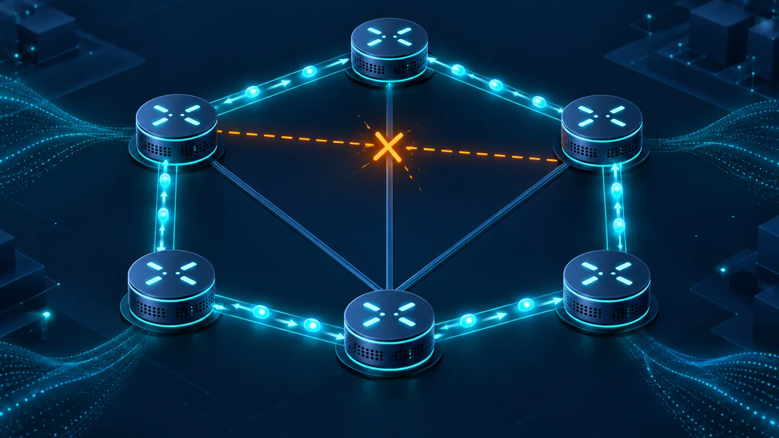 Minh họa mạng router chuyển gói tin sang đường sửa chữa khi một liên kết lỗi.