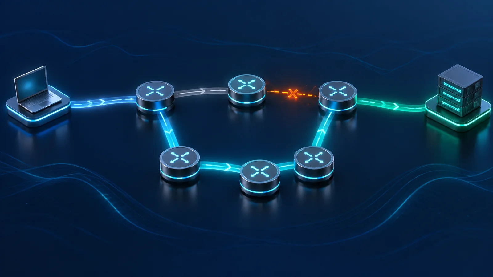 Minh họa khái niệm đường chính và đường sửa chữa trong mạng Segment Routing. Repair list phải được xác minh trên topology thực tế.
