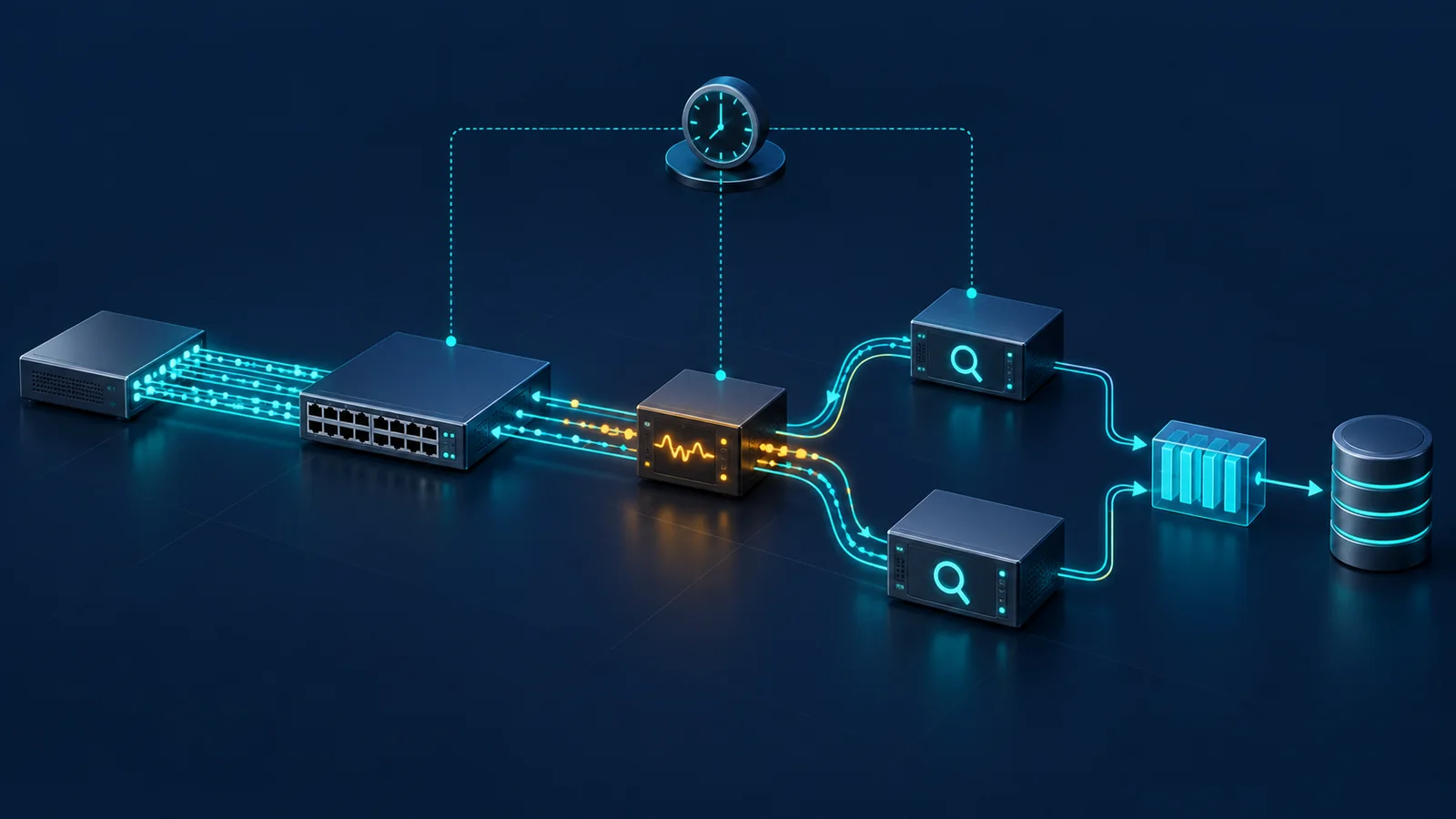 Minh họa topology gNMI với nguồn tạo thay đổi, thiết bị, hai collector và kho dữ liệu; hệ tham chiếu dùng để đối chiếu độ đầy đủ.