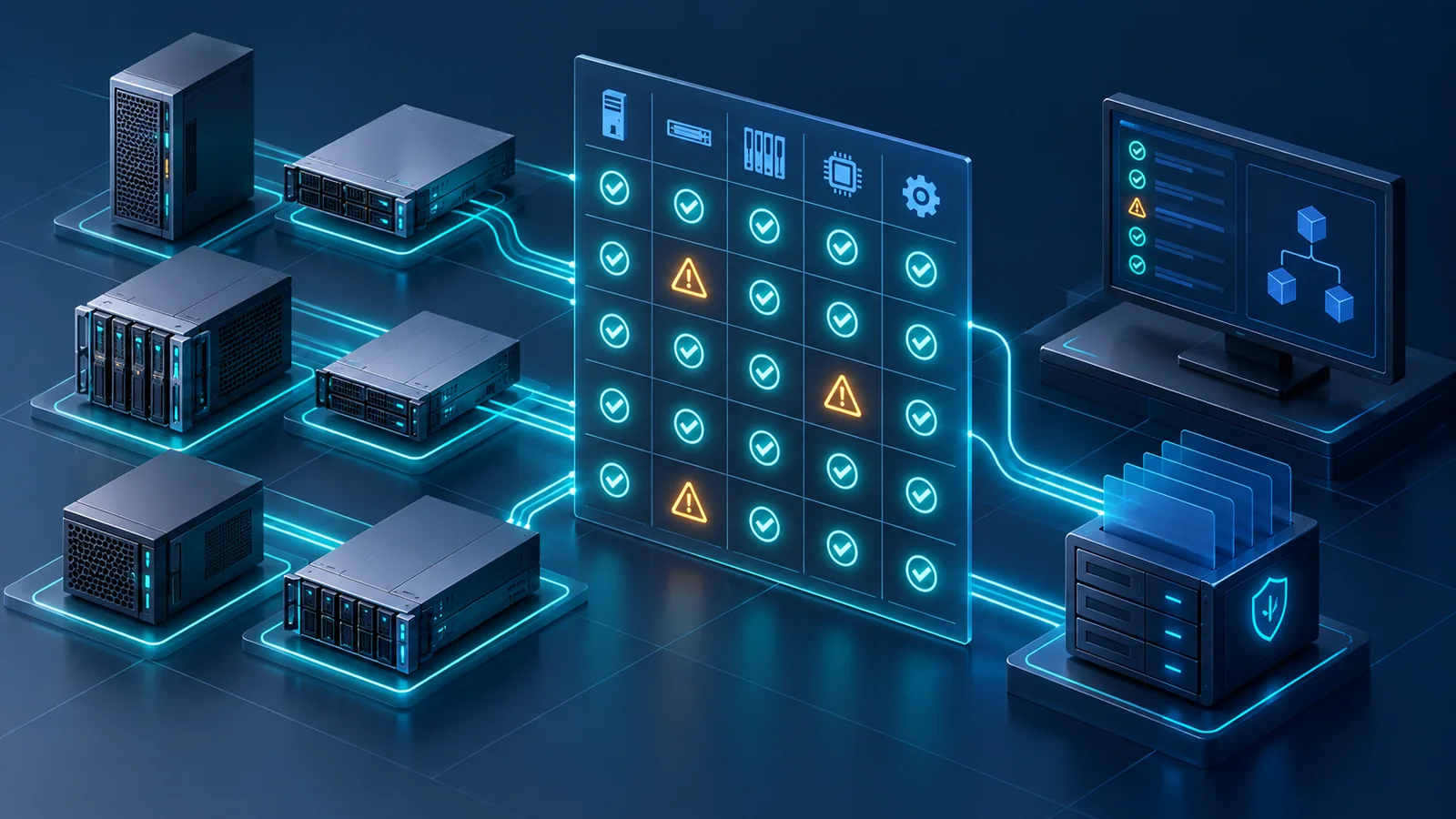 Minh họa đối chiếu phần cứng, firmware và tính năng quản lý. Các ô kiểm không phải kết quả chứng nhận hay giao diện Cisco.