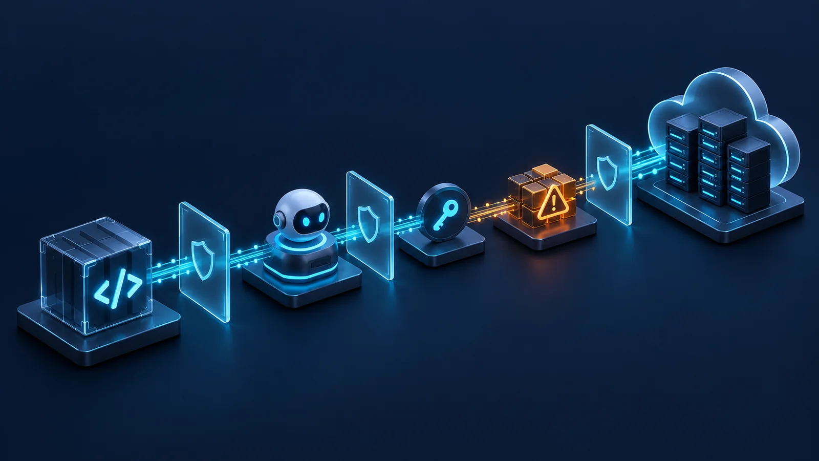 Minh họa chuỗi package, agent, identity và cloud runtime trong kiểm chứng bảo mật AI.