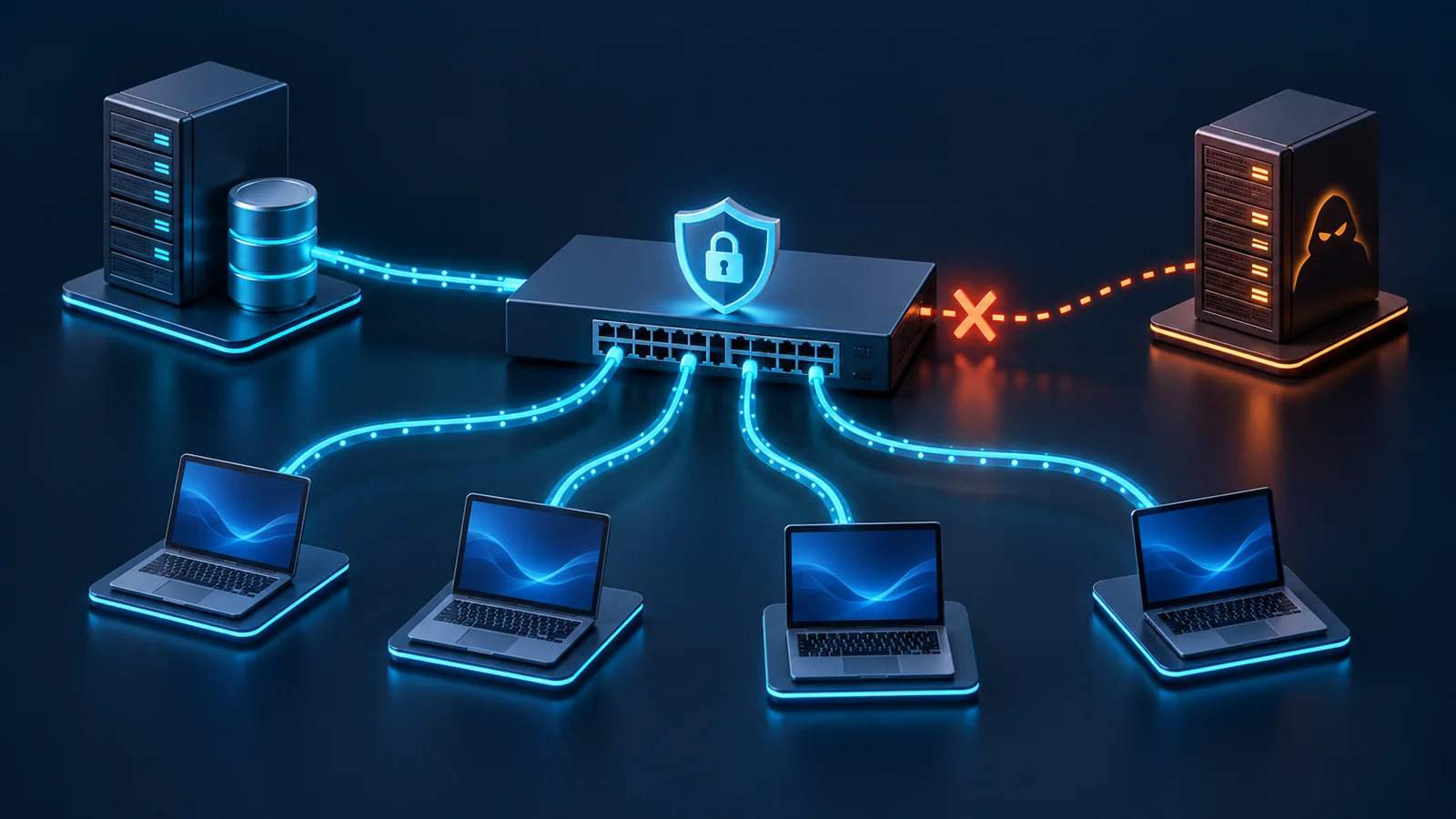 Minh họa switch kiểm soát DHCP và ARP giữa máy chủ hợp lệ, máy trạm và nguồn trái phép.
