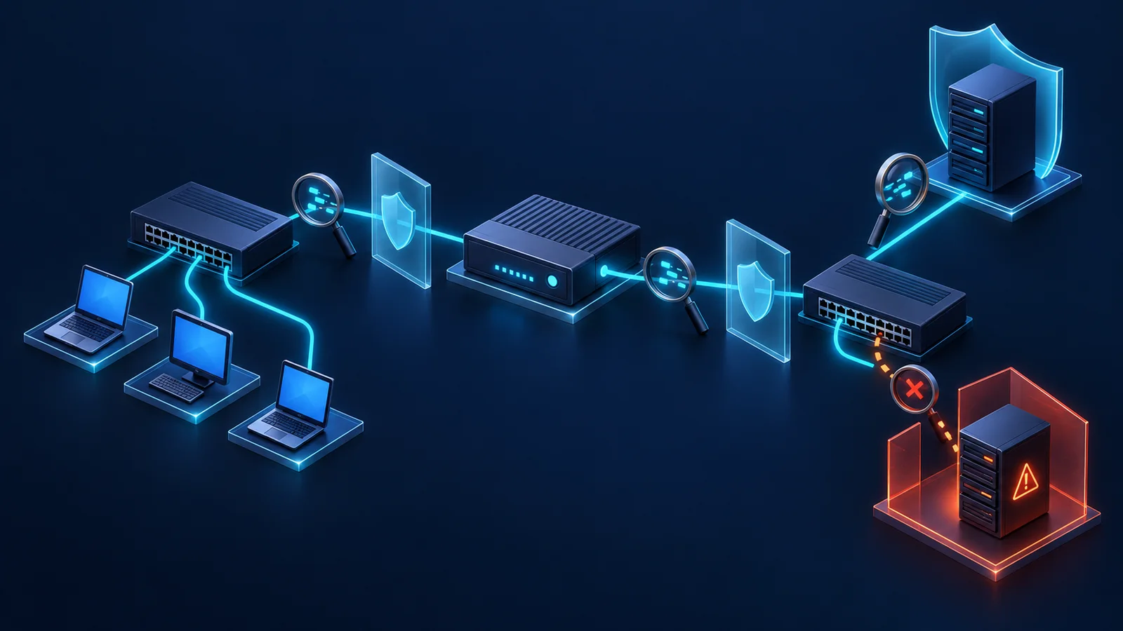 Minh họa topology DHCP snooping/DAI với relay, switch truy nhập và các điểm quan sát. Trust của hai tính năng cần cấu hình riêng.