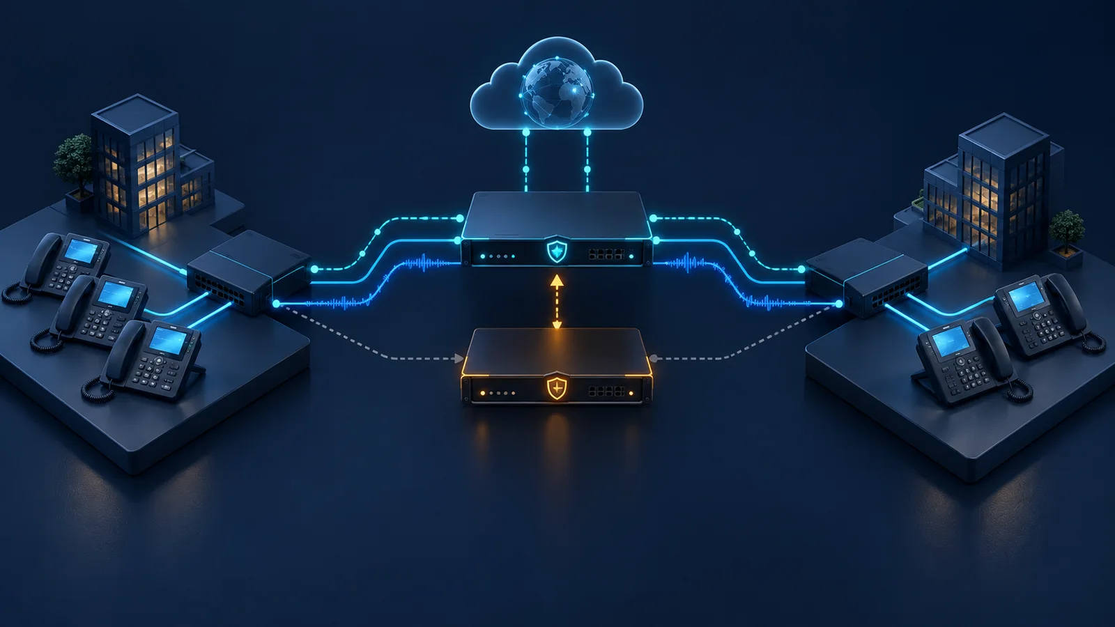 Minh họa điện thoại IP trao đổi signaling và media qua cặp SBC dự phòng.