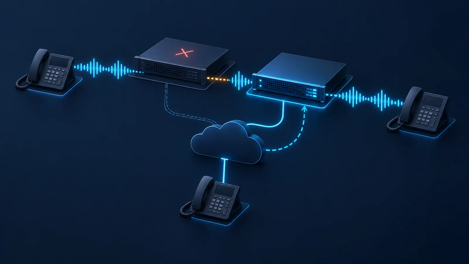 Minh họa chuyển đổi SBC và khoảng gián đoạn media; không hàm ý failover không mất gói.