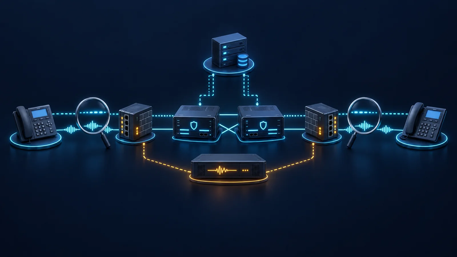 Minh họa topology SIP/RTP với NAT, bộ mô phỏng mạng, registrar và cặp SBC.