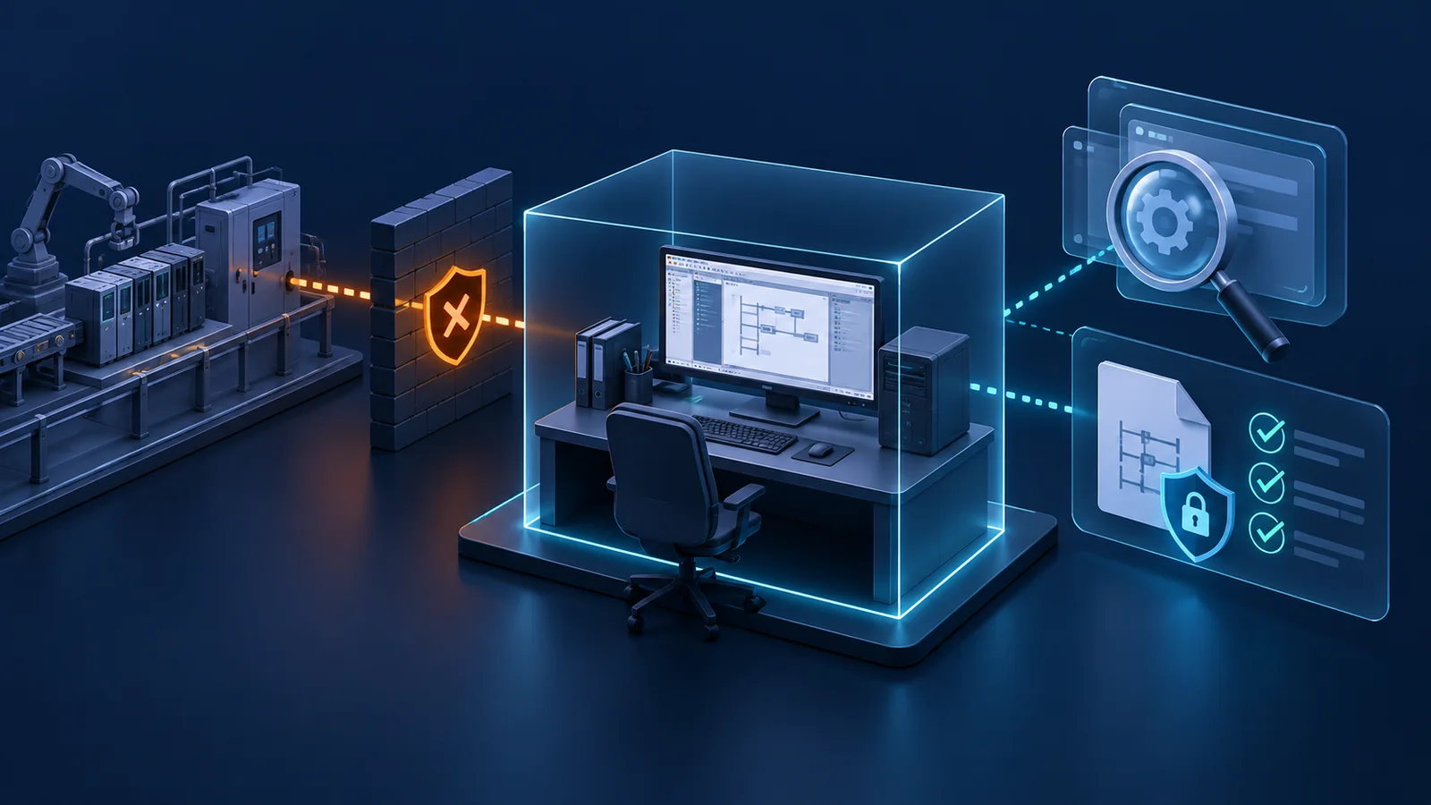 Minh họa: Bảo vệ workstation kỹ thuật và chương trình điều khiển. Ảnh AI, không phải kết quả đo.