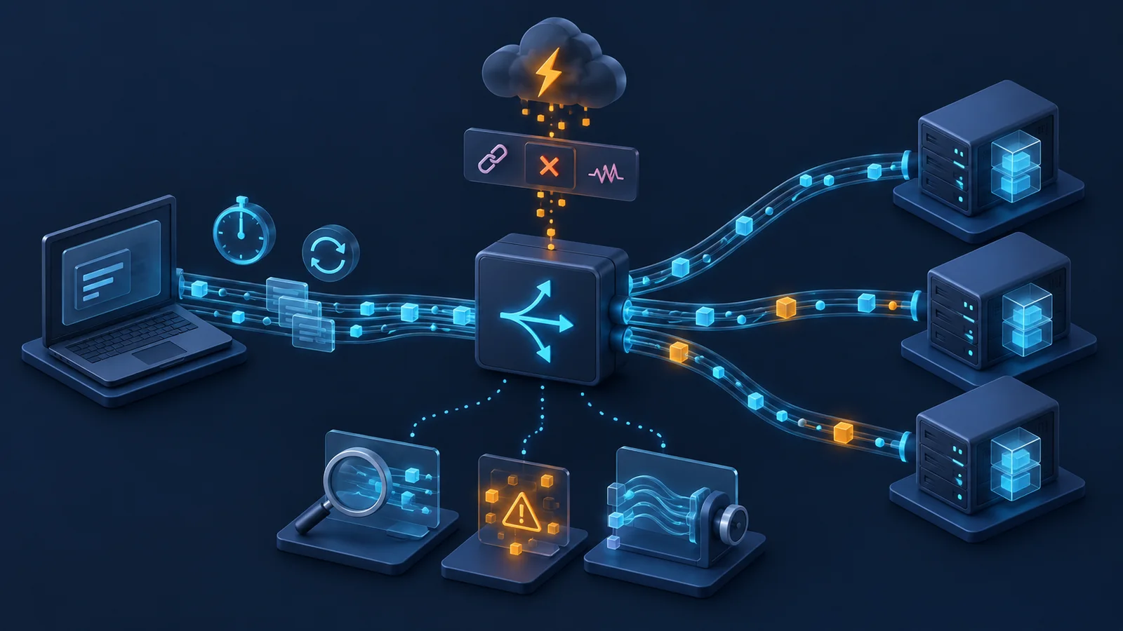 Minh họa: Lời gọi gRPC qua cân bằng tải tới các backend. Ảnh AI, không phải kết quả đo.