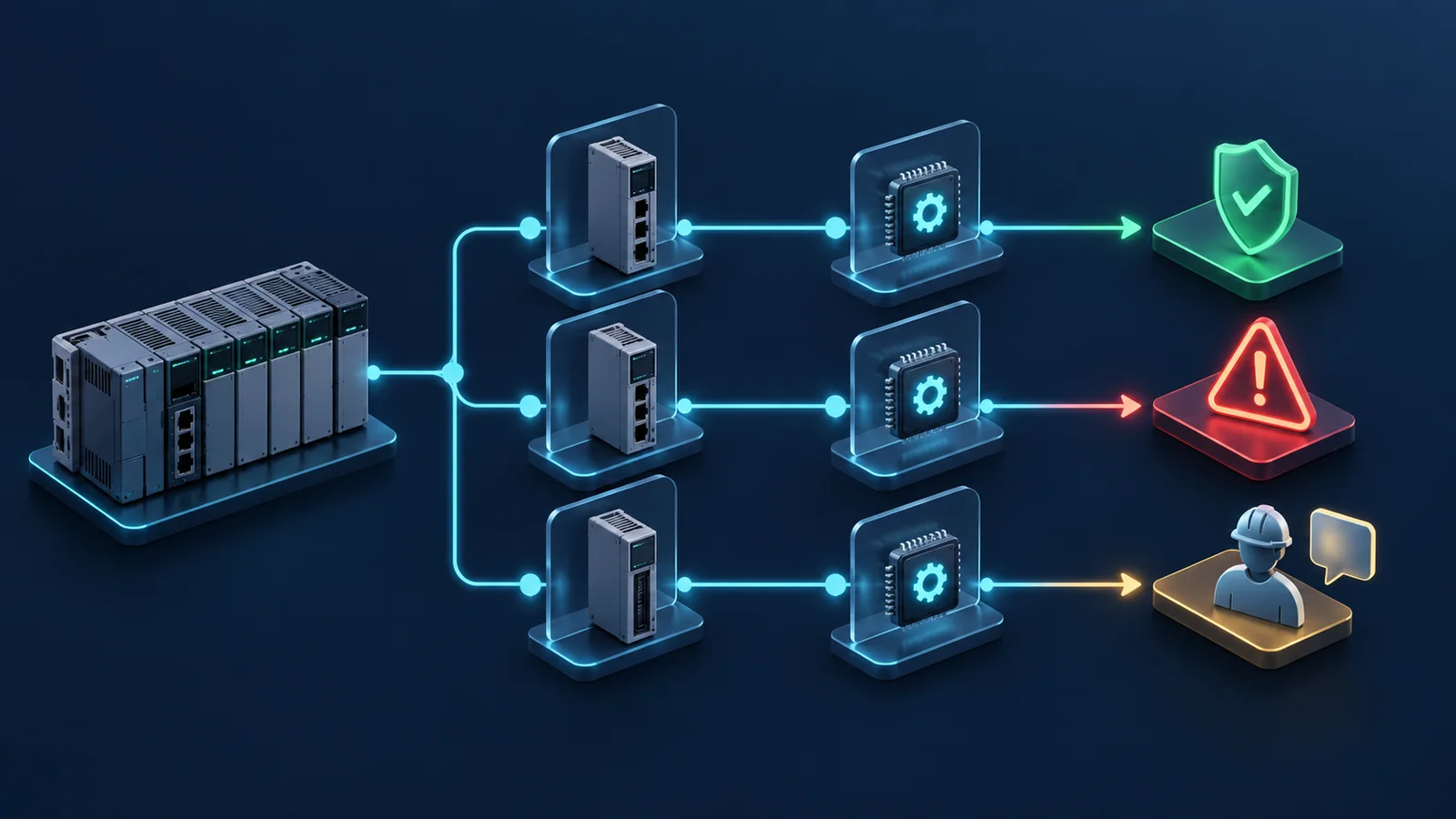 Minh họa: Phân vùng mạng quản trị và các module điều khiển. Ảnh AI, không phải kết quả đo.