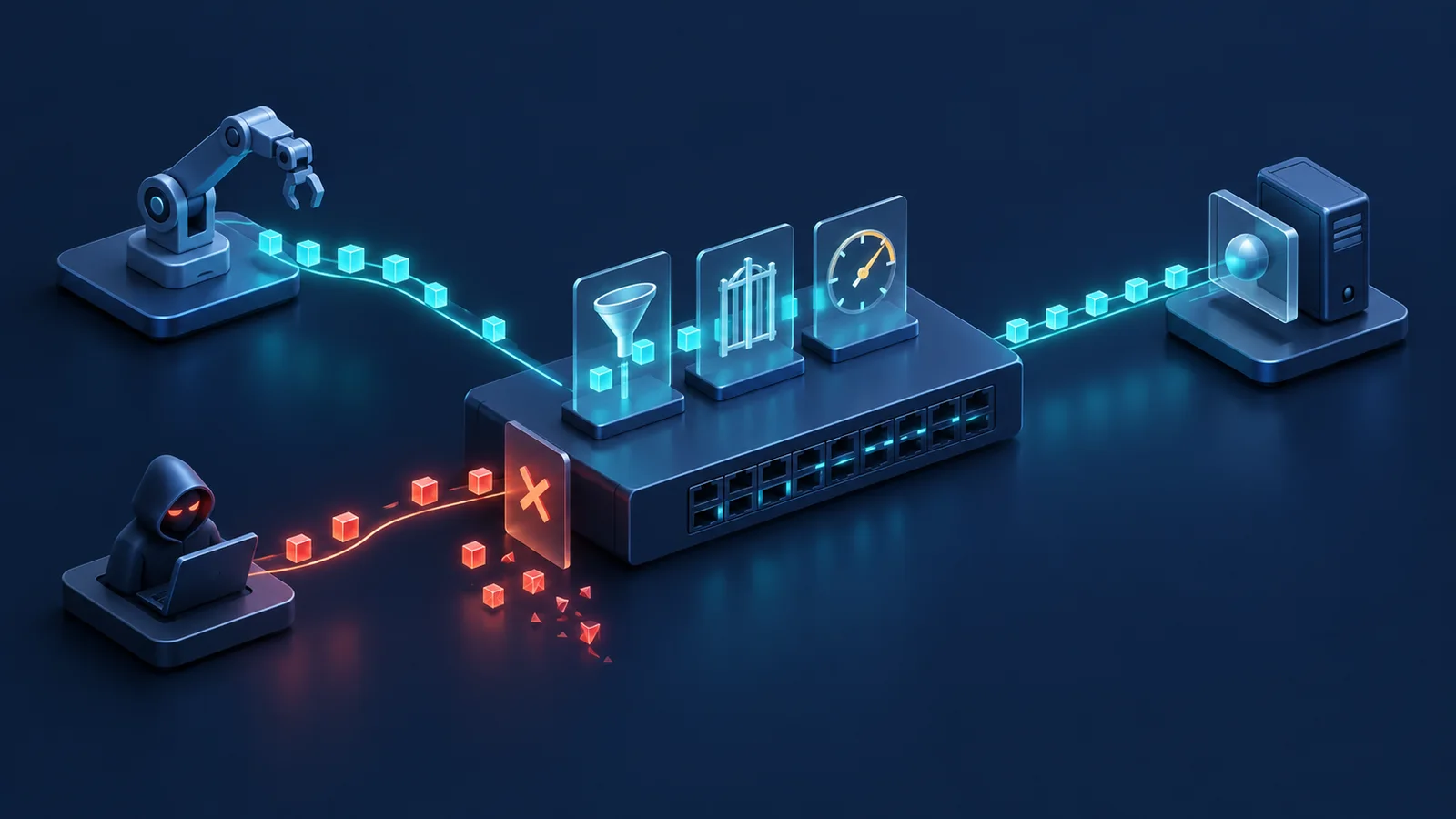 Minh họa: Bảo vệ các luồng hợp lệ trong mạng TSN. Ảnh AI, không phải kết quả đo.
