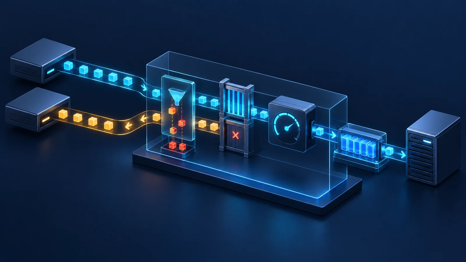 Minh họa: Các bước lọc luồng, gate và meter tại ingress. Ảnh AI, không phải kết quả đo.