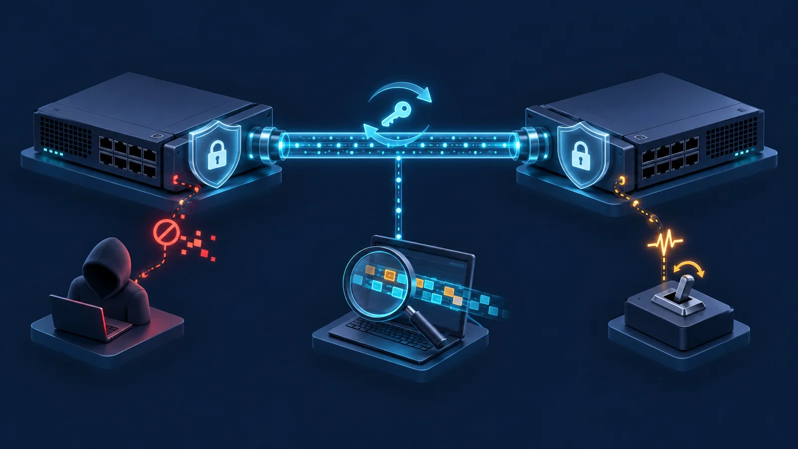 Minh họa: Bảo vệ liên kết Ethernet bằng MACsec. Ảnh AI, không phải kết quả đo.