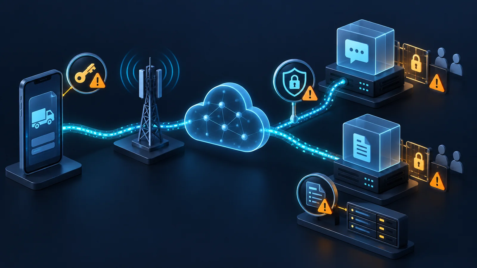 Minh họa: Luồng dữ liệu từ ứng dụng tới MQTT broker và FTP server. Ảnh AI, không phải kết quả đo.