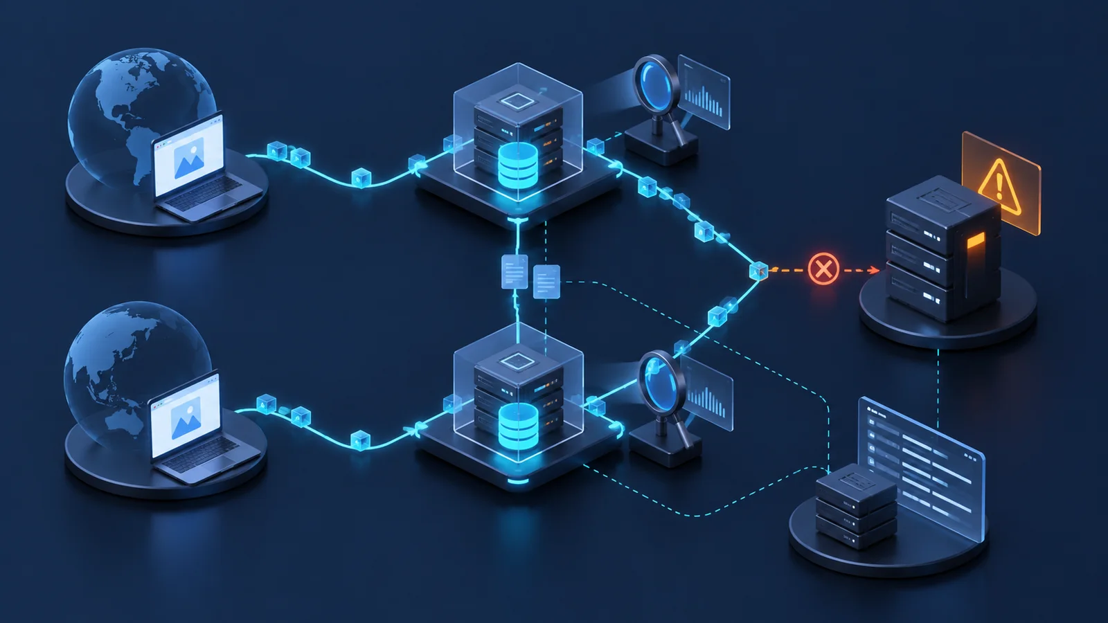 Minh họa: Các điểm quan sát tại client, cache và origin. Ảnh AI, không phải kết quả đo.