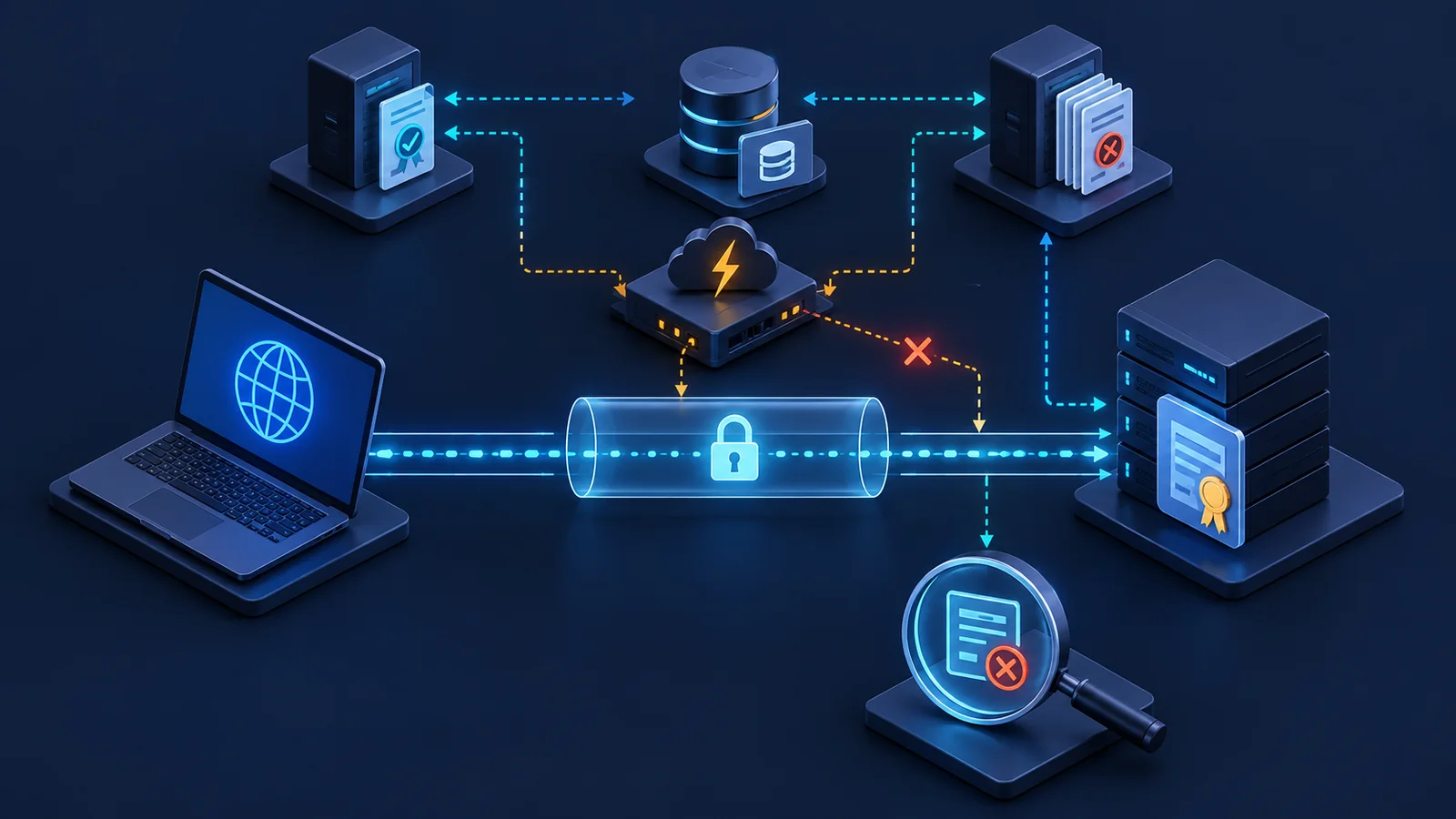 Minh họa: Các đường kiểm tra OCSP và CRL trong PKI lab. Ảnh AI, không phải kết quả đo.