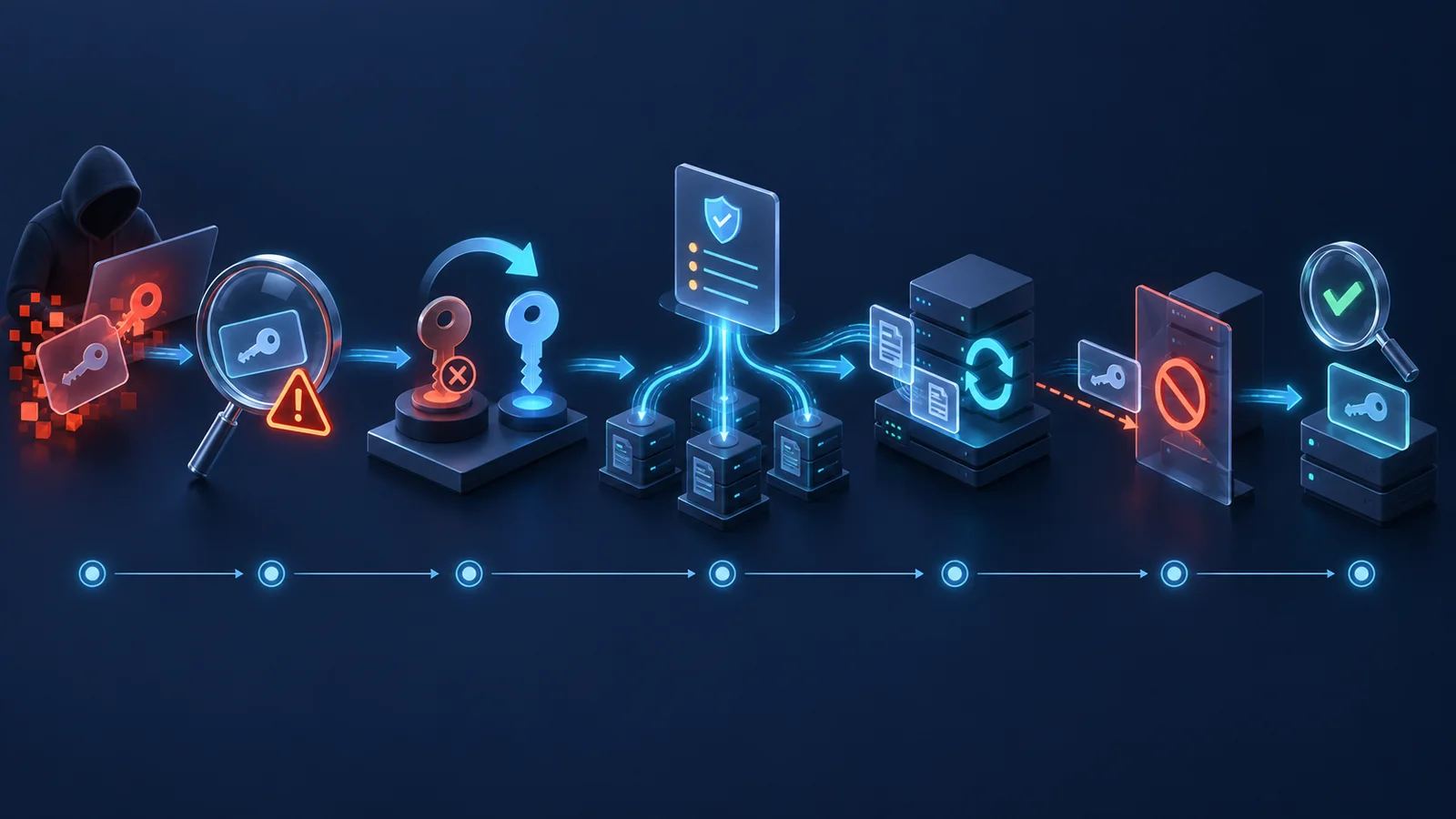 Minh họa: Phối hợp thay khóa, cập nhật metadata và từ chối token cũ. Ảnh AI, không phải kết quả đo.
