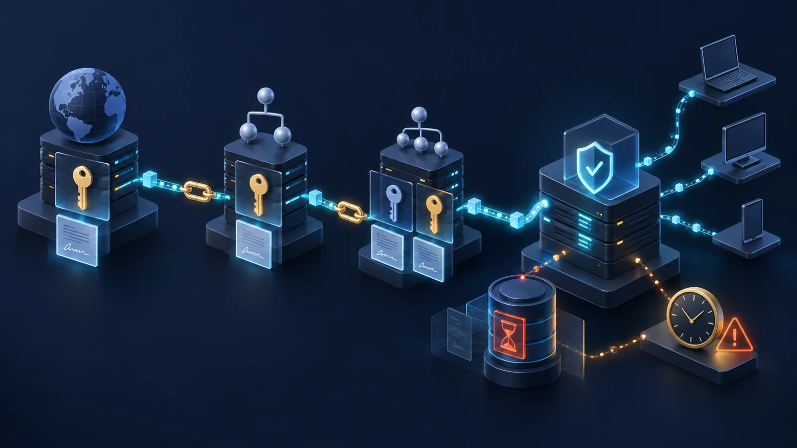 Minh họa: Chuỗi tin cậy từ DNSSEC tới validating resolver. Ảnh AI, không phải kết quả đo.