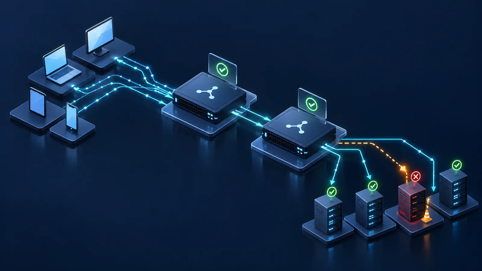 Minh họa: Phân phối kết nối qua load balancer tới backend. Ảnh AI, không phải kết quả đo.