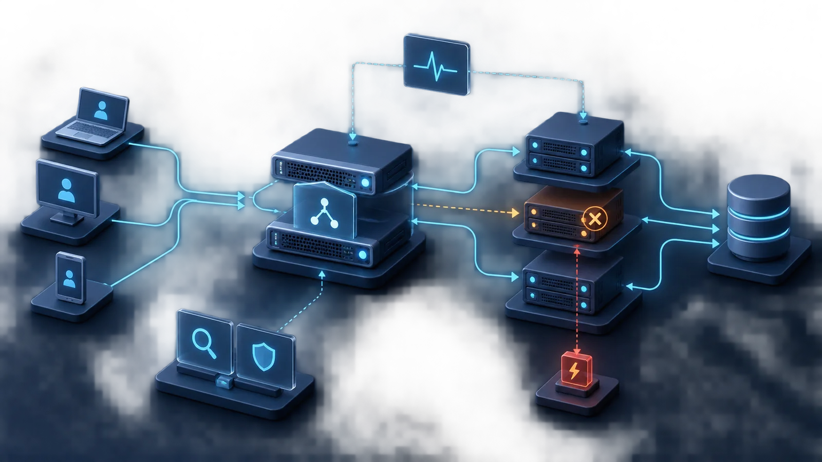 Minh họa: Luồng dịch vụ và health check tại các backend. Ảnh AI, không phải kết quả đo.