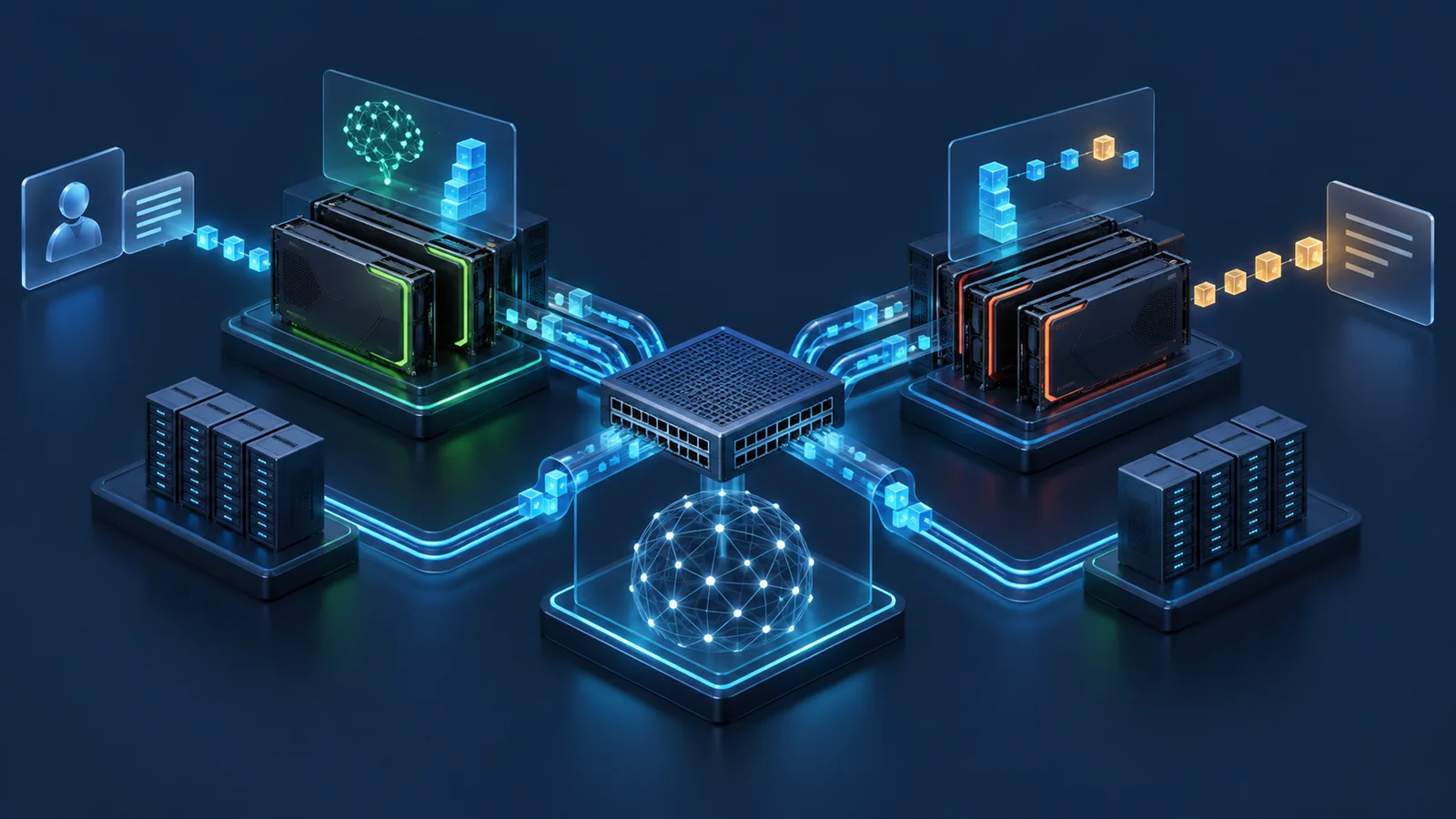Minh họa: Inference phân tán trên các nhóm accelerator. Ảnh AI, không phải kết quả đo.